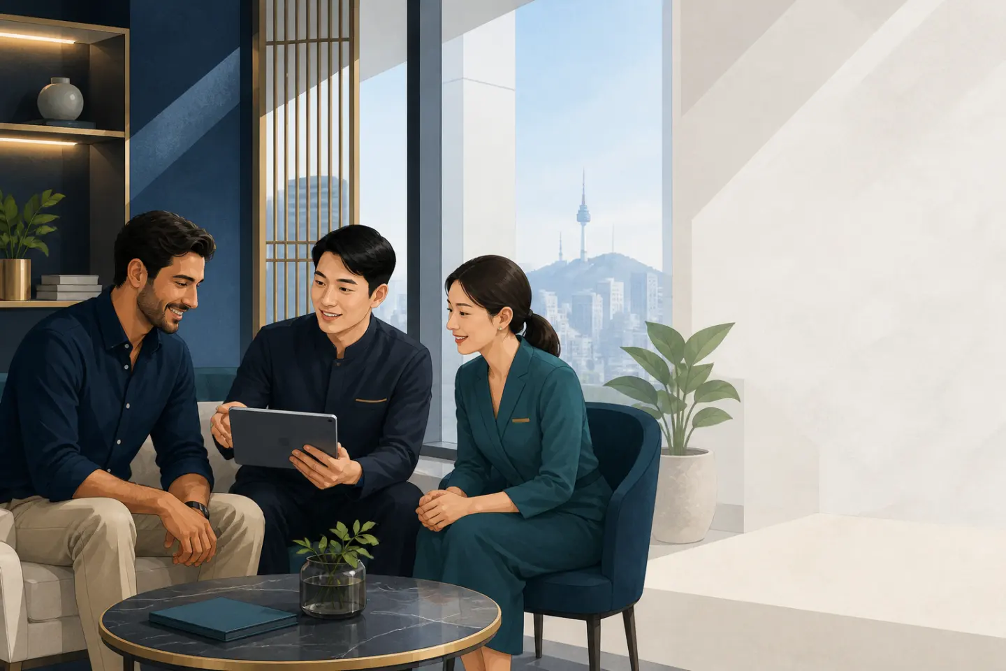 An international patient reviewing a care plan with a Korean clinic team