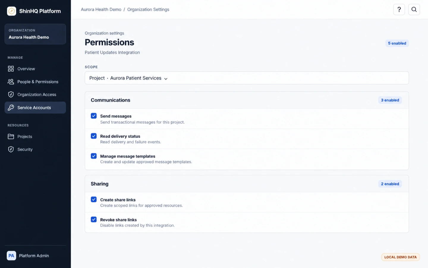 スコープ別のCommunicationsおよびSharing API権限を表示するShinHQ Platformのサービスアカウント編集画面。