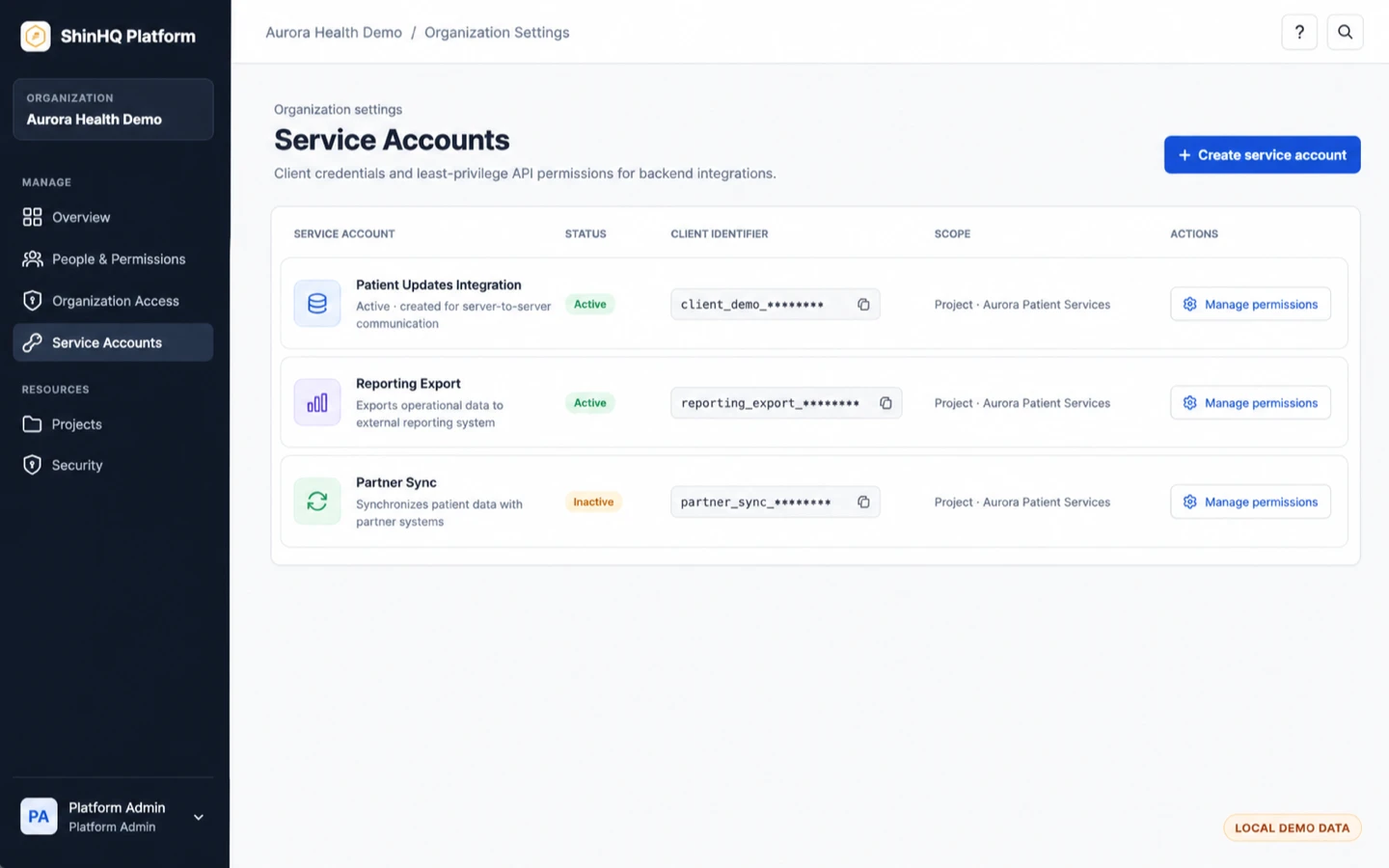 サービスアカウント一覧を表示するShinHQ Platformの管理画面。